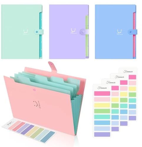 Confezione da 4 cartelle portadocumenti espandibili, formato A4, in plastica, con 5 tasche e 4 fogli di etichette adesive, organizer per documenti per scuola, casa e ufficio