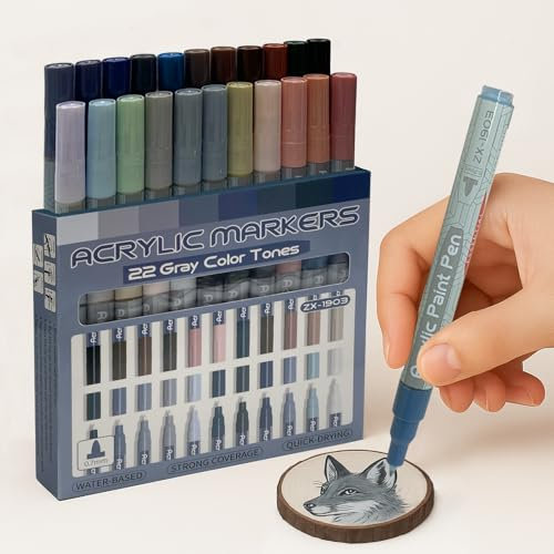 Mockredn Rotuladores Acrílicos 22 Colores - Serie Gris, Marcadores de Pintura Para Papel, Vidrio, Metal, Madera, Cerámica,Textiles, Lienzo, Bricolaje - 0,7 mm a Base de Agua - No Tóxico