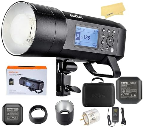 Godox AD400 Pro Godox AD400Pro All-in-One Outdoor Flash+1 WB400P Battery 21.6V/2600mAh,400ws Strong Power,0.01~1s Recycle Time,12 Continuous Flashes in 1/16 Power Output,30W LED Modeling Lamp