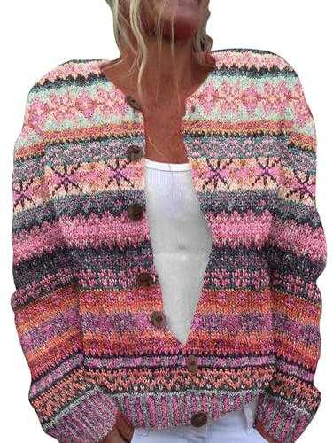 Cardigan da donna, maglione norvegese, elegante, casual, lavorato a maglia, jacquard, classico, colorato, lavorato a maglia grossa, cardigan con bottoni, cardigan da donna, Colore: rosa., XXL