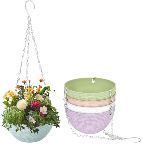 QWORK® Pots Suspendus en Plastique avec Crochets à chaîne - Pots tressés colorés pour Herbes, Fleurs et Plantes Grasses, 5 Couleurs