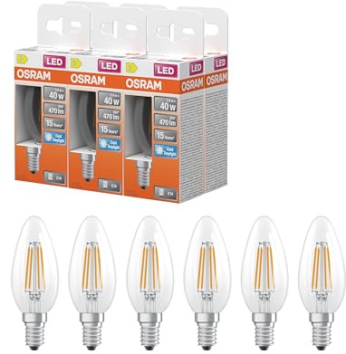 OSRAM Lámpara LED Star Classic, filamento de vela, 3,4 W, transparente, E14 | LED Star Classic B 40 Filament, LED Lamps, Claro, 35 mm dia, 15000 h, Paquete de 6