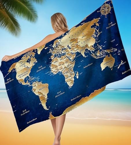 Strandtuch XXL 100x200 cm Mikrofaser Handtuch Weltkarte Saunahandtuch Groß Stranddecke, Sandfreies Schnell Trocknendes Strandtuch Damen Herren für Reise Urlaub Campin mit Wasserdicht Tasche P-7919