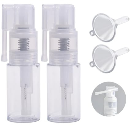 OYWOBET 2 Pcs 35ml Reusable Transparent Empty Glitter Duster Sprayer with 2Pcs Funnels & Blank Labels, Multi-Purpose Empty Plastic Spray Bottle for Cake, Flower, Cardmaking