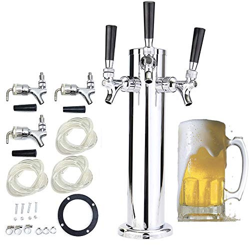 Torre de cerveza de barril de acero inoxidable de triple grifo, dispensador de cerveza con grifos de 3 pulgadas de 360 x 760 mm, completo con manguera para bar de cerveza casera