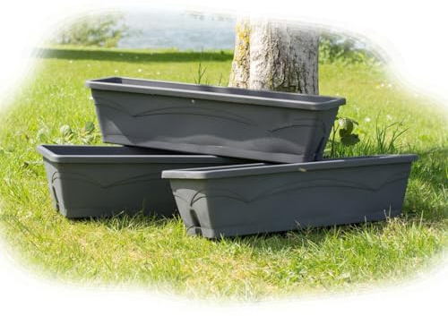 Set Of 3 Rectangular Plastic Grey Garden Planters 50x15x12cm Plant Pots Flower Trough