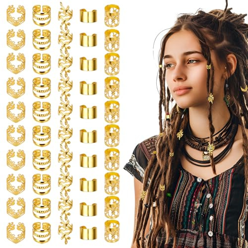 LXUEJIE Goldfarbener Haarschmuck für Zöpfe, 5 Stile, Haarmanschetten für Zöpfe, Loc Schmuck für Haare, Dreadlocks, verstellbare Haarringe, Zopf-Clips, Haarperlen, Dekorationen für Männer und Frauen