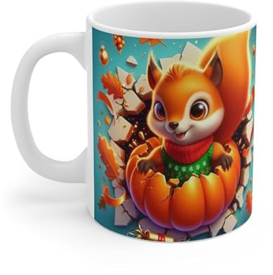 Tasse Écureuil Automne – Mug Citrouille & Feuilles Orange – Céramique 325ml – Cadeau Halloween et Hiver
