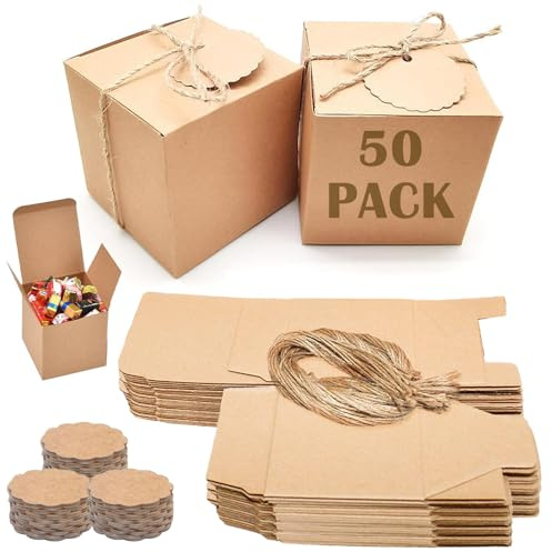 50 Stück Geschenkboxen Kraftpapier Set, Geschenkschachtel Klein, Karton Schachteln 7 x 7 x 7 cm, Braun Pappschachteln mit Deckel, Geschenkbox Quadratisch für Geschenke, Partys, Geburtstag, Hochzeit