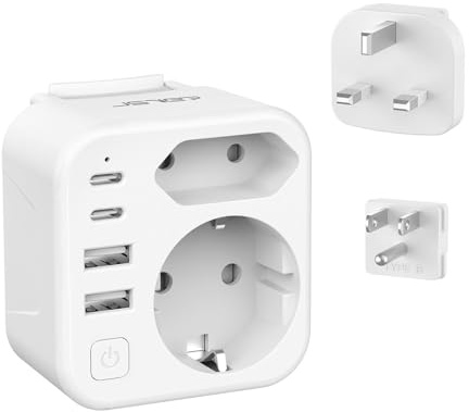 JSVER Adaptateur Universel avec USB C,Adaptateur de Voyage vers USA/UK Con 2 Prises, Adaptateur International de Type G/B avec 4 Ports USB,Adaptateur de Prise pour Canada,Singapore,HK(Blanc)