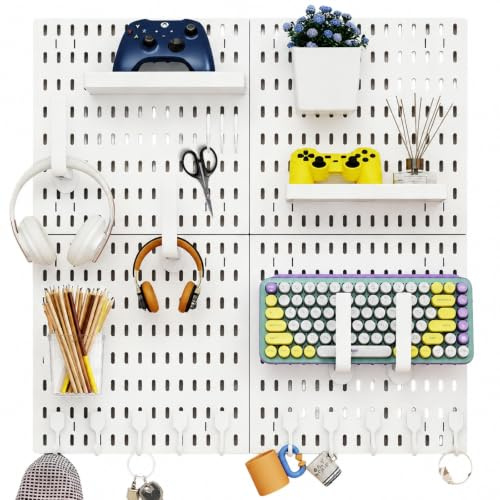 Kit de combinaison de panneaux perforés en plastique blanc avec 4 carreaux, accessoires pour configuration de jeu, accessoires de bureau d'ordinateur avec supports et crochets, support pour casque