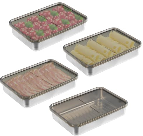 Set mit 4 Aufschnittbox Fresh, Edelstahl-Lebensmittelbehälter, stapelbare Kühlschrankbehälter, geeignet für die gekühlte und gefrorene Lagerung von Käse, Aufschnitt und anderen Lebensmitteln