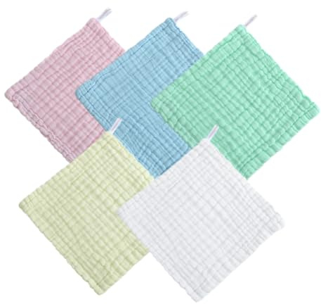 DECOMELODY Débarbouillettes en Coton 6 Couches Absorbantes pour Bébé et Garçon et Filles, Mousseline Douce, Lot de 5 Couleurs Pastel Blanc Jaune Rose Vert Bleu Ciel, Hygiène et Toilette -né