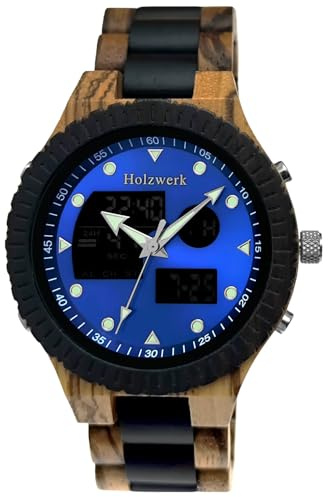 Holzwerk Germany Handgefertigte Designer Digital Analog Herren-Uhr Öko Natur Holz-Uhr Armband-Uhr Led Braun Blau Grün Schwarz