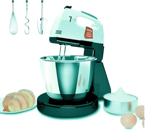 Batteurs sur socle, 7 vitesses avec bol en acier inoxydable 3QT, batteur sur socle et à main avec crochet pétrisseur, fouet, batteur mélangeur pour la cuisson (ER2)