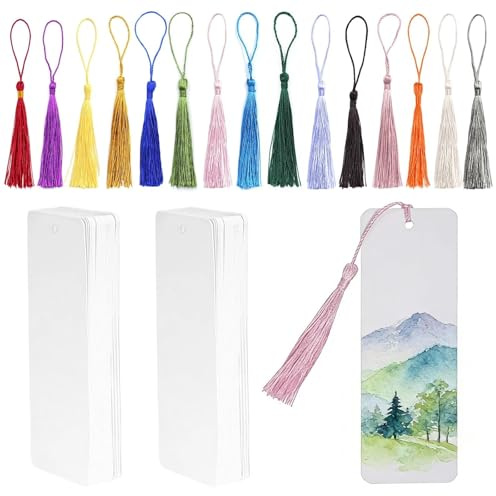 Touosy 90 Piezas 14 x 4.9 CM Marcapaginas Papel Marcapaginas Personalizado Punto de Libro con Agujero Borlas para Manualidades Artículos Bricolaje y Decoración (Blanco)