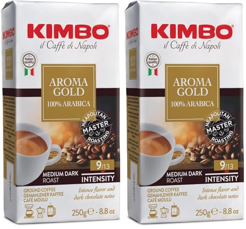 Kimbo Caffè Macinato, 250 gr, Miscela Aroma Gold 100% Arabica, Ideale per Moka, Intensità 9/13, Tostatura Medio-Scura, Premium Selection (Confezione da 2)