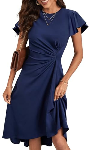 KUNJLELP Midi Robe Femme Manches Courtes Robes de Cocktail Chic et Elegant Robe Couleur Unie A-Line Robe pour Casual Party Soirée Mariage