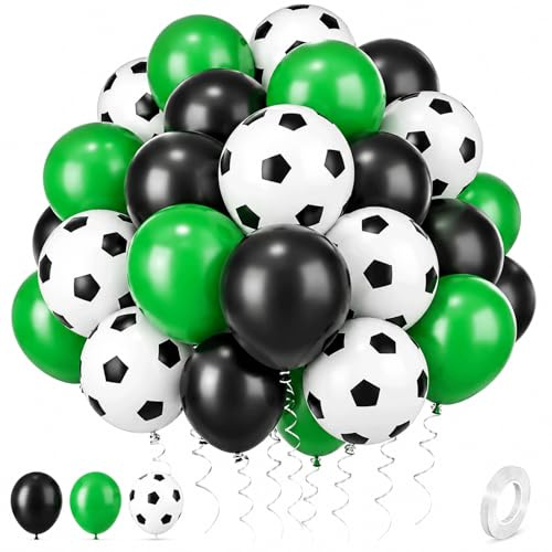 Catelves Fußball Luftballons 30 Stück, Ballon Set Grün Schwarz Weiß 12 Zoll mit Ball-Motiv & Band, Party Deko für Geburtstag Kinder, Sport Mottoparty, EM WM Public Viewing Fan Feier Zuhause Garten