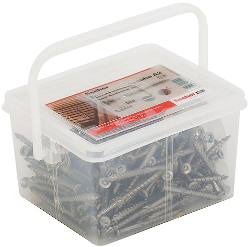 fischer Terrassenschrauben 5,0 x 60 in der Box, 200 Edelstahlschrauben mit Senkkopf, TX-Antrieb und Teilgewinde, zum Verschrauben von Terrassenbeplankungen auf Holz-Unterkonstruktionen, inkl. 1 Bit