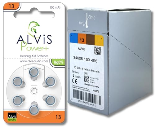 Alvis Piles Auditives 13 (PR48) Power+ | Appareils Auditifs et Aides Auditives |[sans Mercure] [Zinc Air] [1.45V] Lot de 10 Plaquettes de 6 Piles Auditives | Couleur Orange