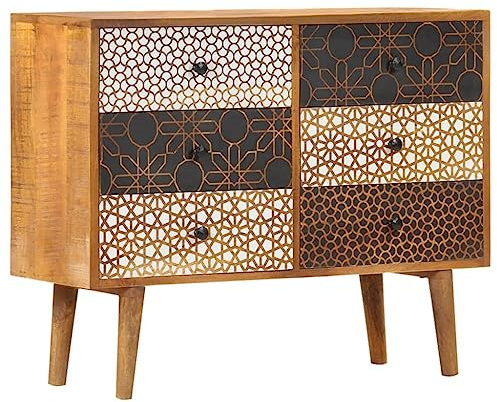 vidaXL Mangoholz Massiv Sideboard mit Druckmuster 6 Schubladen Kommode Beistellschrank Mehrzweckschrank Anrichte Schrank Schubladenschrank 90x30x70cm