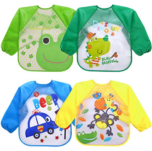 Bavaglini 4 Pezzi Bavaglino con Maniche Impermeabile,Bavaglino a Manica, Bambino Bavette, Bavaglino Maniche Lunghe grembiule per Dipingere Giocare e Mangiare 6 Mesi a 3 Anni