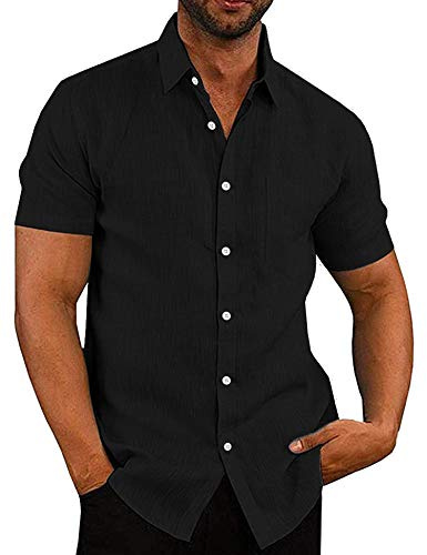 Coofandy Herr casual button down skjorta långärmad linne chambray skjorta, Kortärmad – mörk svart, L