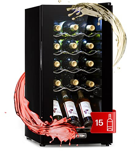Klarstein Shiraz Cave à Vin Noir – 15 Bouteilles, 44 L, 1 Zone | Réfrigérateur à Vin Pose Libre, Porte Vitrée, Silencieux, 5–18 °C, LED, Cadre Inox, Slim
