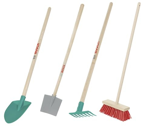 Theo Klein 2794 Set di attrezzi da giardinaggio Bosch I Composto da pala, rastrello per foglie, rastrello e scopa I Giocattoli per bambini dai 3 anni in su
