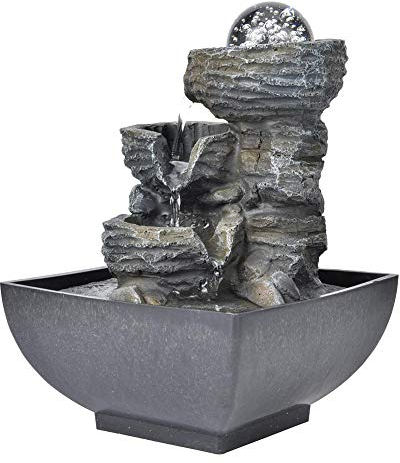 Fuente de habitación, fuente de mesa con iluminación LED, bola de cristal, resina, interior, escritorio, cascada, para decoración del hogar, 19 x 13 x 13 cm (UE 220 V)