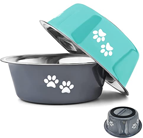 YUDANSI Hundenäpfe 2 Stück, Klein mittelgroße und große Hunde Futternapf, Fütterung Wassernapf mit Rutschfester Silikonsohle, Edelstahl erhöhter Fressnapf(Grün grau, Ø 17 cm, 860ml)