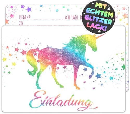 VULAVA 12x GLITZER Einhorn EINLADUNGSKARTEN KINDERGEBURTSTAG Mädchen Junge - die Regenbogen PARTY Karten sind die Einhorn EINLADUNG für Mädchen Jungen Kinder GEBURTSTAG Einladung Pferde UNICORN