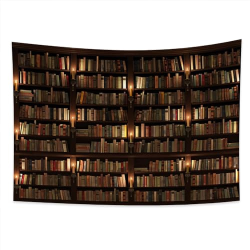 YONGFOTO 220x150cm Vintage Bücherregal Wandteppich, Alte Bibliothek Bücherregal Wandteppiche Holz Bücherregal Kerzenständer Kerzen Bücher Wandteppich für Wohnzimmer Wohnheim Dekor Sofa Teppich Decke