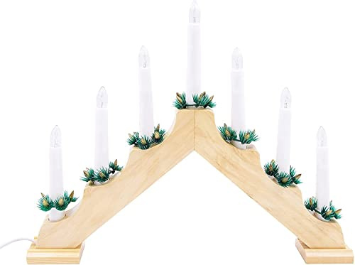 RKAYs Natural Wooden Christmas Candle Bridge, Christmas Decoration Electric Light with Flickering Bright Orange Flames, Mains-Powered 7 Branch Warm White LED Xmas Candle Lights - 40 x 32 x 5 cm