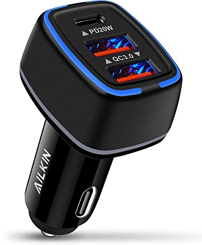 AILKIN 56W PD USB C Car Charger, Type-C Super Fast Power Charging Block 3-Port USB A & USBC Auto Cargador Carro Lighter Adapter for iPhone, iPad, Samsung Galaxy, LG, Google Pixel, Moto, USB-C&A Port