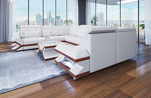 Ledersofa Sorrento in U Form als Wohnlandschaft mit LED Beleuchtung Sofa mit Kopfstützen als Moderne Couch (Lange Seite Links, Weiß-Braun)
