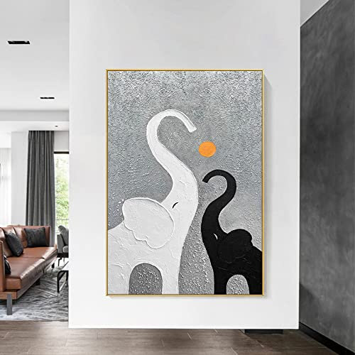 Acrylbilder, handgemalt auf Leinwand, Textur, Schwarz-Weiß-Textur, einfache Elefantenliebe, Elefantenbaby, Familie, Liebe, Tier, Wandbild, realistisch, dickes Messer, Malerei, Retro/Abstrakt, Moder