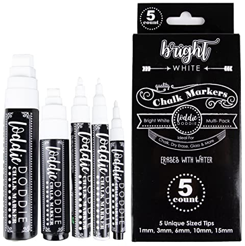 Loddie Doddie Liquid Chalk Markers - Pack of 5, Multi Tip 1-15 mm, White - Versatile Chalk Pens for Blackboards, Glass & Windows - Fine Tip Marker for Detailed Designs - Erasable Ink