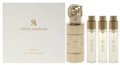 Swiss Arabian Rose 01 For Unisex 4 Pc Mini Gift Set 3 x 10ml Perfume Spray, 1 Metal Case