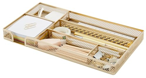 Annova Schreibtisch Schublade Organizer，Aufbewahrung Tray - Metallgeflecht mit Unterteilungen für Stifte, Schreibtischzubehör, Bad, Küche, Make-up und Bürobedarf (Klein, Gold)
