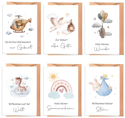 6 x Hochwertige Karte zur Geburt mit Umschlage - A6 Klappkarten Glückwunschkarte Geburt Junge Mädchen