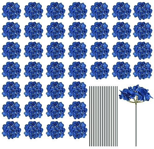 QUARKZMAN Soie Artificiel Hortensia Fleurs, Foncé Bleu Artificiel Fleurs Têtes avec Tiges, Complet Hortensia Fleurs pour Mariage Centres Table, Fête Décoration 64 Ensemble