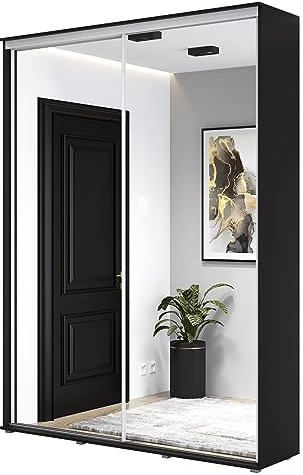 Meble Slupia Schwebetürenschrank mit Zwei Spiegeln - Kleiderschrank mit Schiebetüren, Kleiderstange, Einlegeboden - für Schlafzimmer, Vorraum, Garderobe - 120x242x45 cm, Schwarz