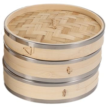 Soulnioi Vaporizador de bambú de 24 cm, vaporizador de dos niveles con tapa, ideal para cocina asiática, bollos, albóndigas, verduras, pescado