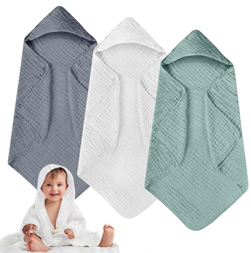 Baby Asciugamano con Cappuccio, 3 Pezzi Accappatoio Bambini per Bagnetto, Asciugamani con Cappuccio in Cotone 100% Mussola 80 x80 cm, Asciugamano per Bambini con Cappuccio, Accappatoio Neonato