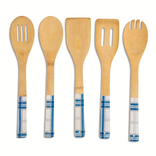 Core Bamboo 5-teiliges Küchenhelfer-Set aus Bambus – inklusive Löffel, Schlitzlöffel, Göffel, Pfannenwender und massiven Pfannenwender – Farmer's Plaid