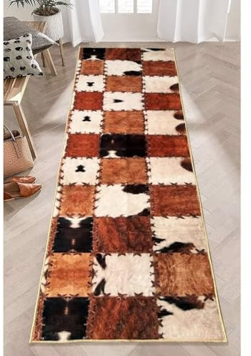 Alfombra de cuero vacuno con estampado de vaca para dormitorio, alfombra occidental, alfombra marrón de 2 x 6 pulgadas, alfombra de estilo rústico vintage, antideslizante, lavable, alfombra de piso