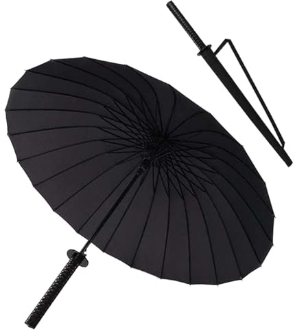 Samurai-Regenschirm mit langem Griff, Winddichter Regenschirm geradem Messer großer Schwertregenschirm mit Regenschirmhülle, Anime schwarz gerade 24 Rippen, 51.2 in