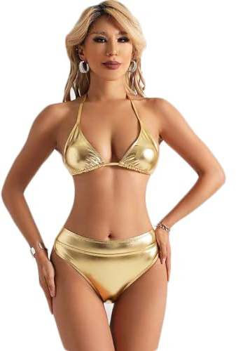 THSCWY Bikini för kvinnor metalliskt tvådelat set baddräkt silver glänsande guld baddräkt triangel bikini topp och nedre set, Guld, S